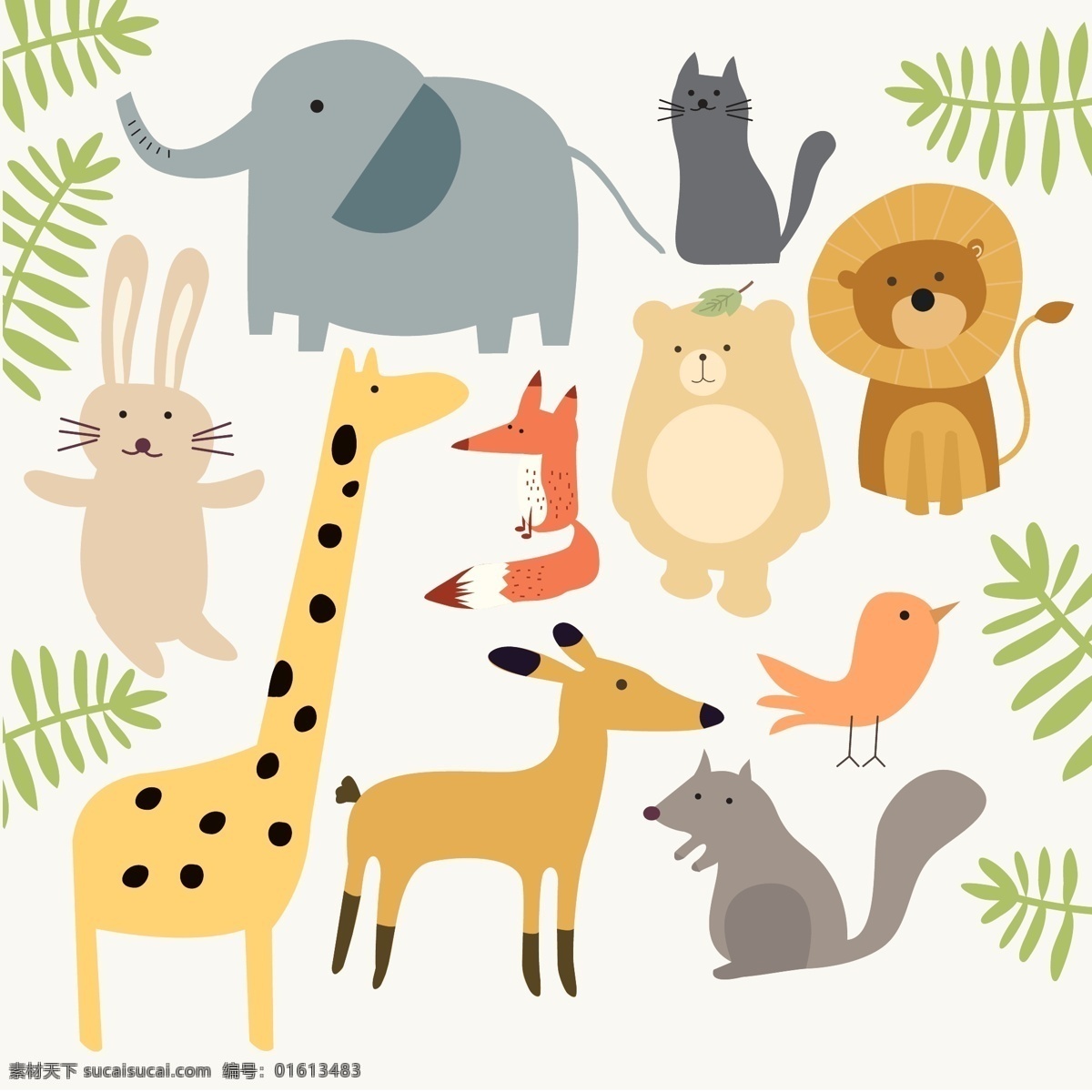 款 可爱 动物 矢量 大象 猫 兔子 熊 长颈鹿 狐狸 狮子 鸟 鹿 松鼠 树枝 文化艺术 绘画书法