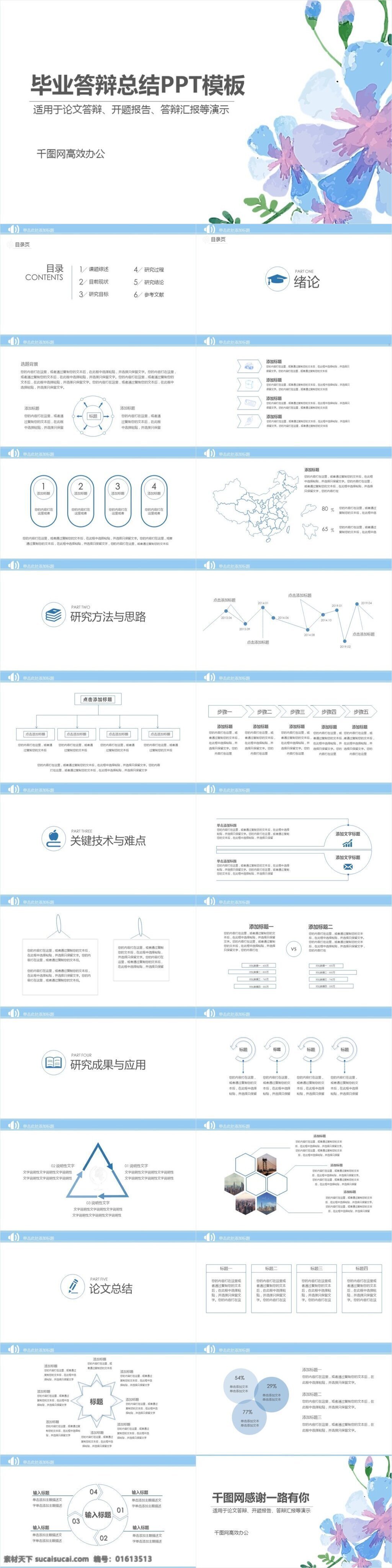 2019 毕业 答辩 总结 模板 时尚高端 高端大气 学士 论文答辩 多彩商务 论文 彩色花卉 ppt模板