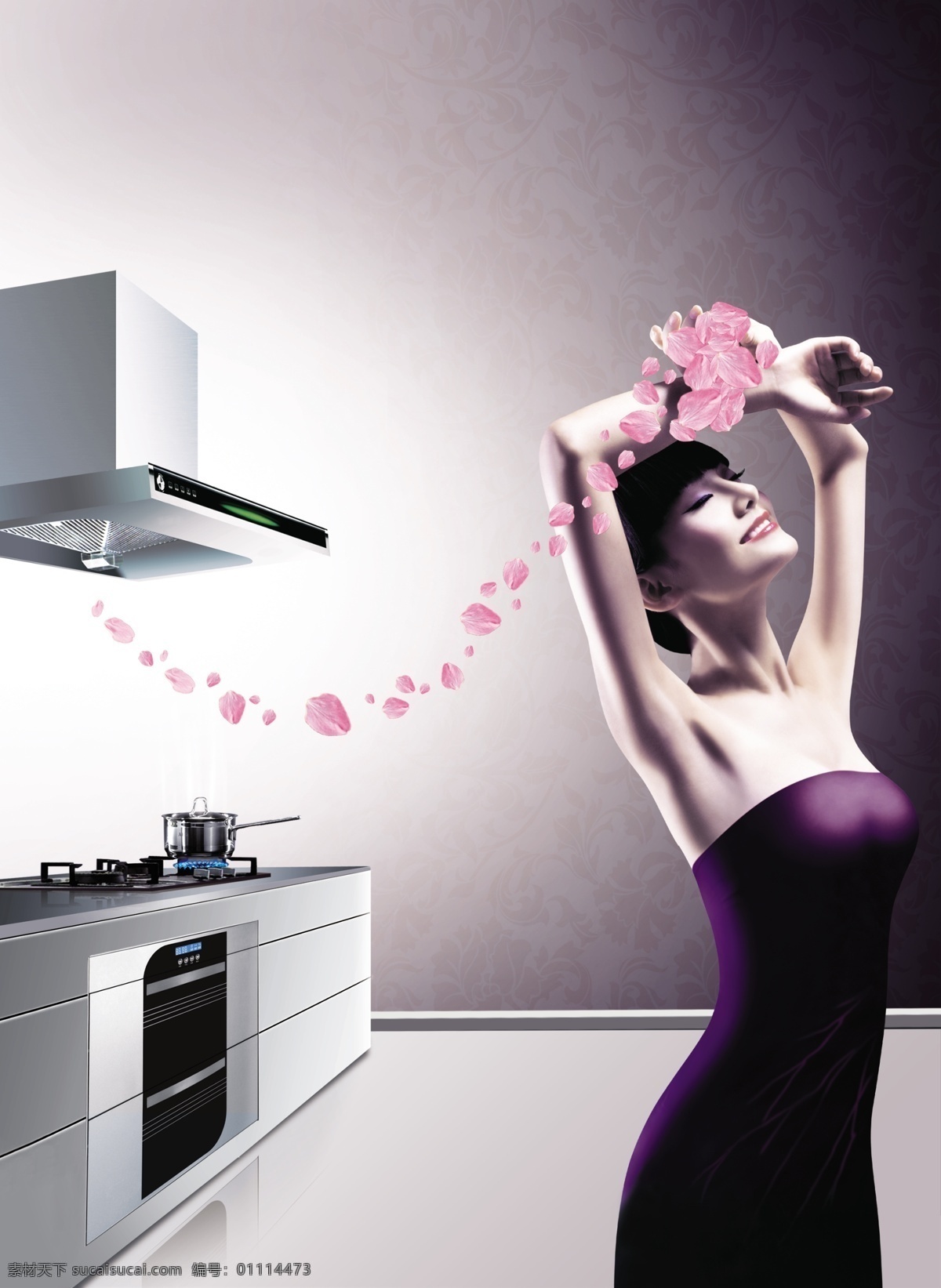 厨卫家电海报 花纹 烟机 灶具 消毒柜 女人 花瓣 电器 厨卫 生活 红色