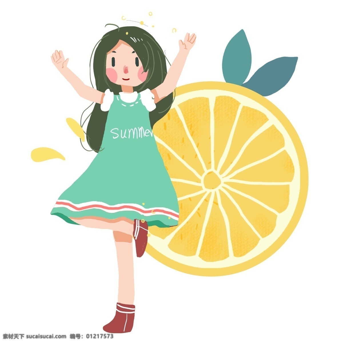 夏天 大 柠檬 手绘 插画 西瓜 乘凉 卡通 清爽 凉爽 夏季 嬉戏 开心 玩耍 童趣 避暑 降温 小清新
