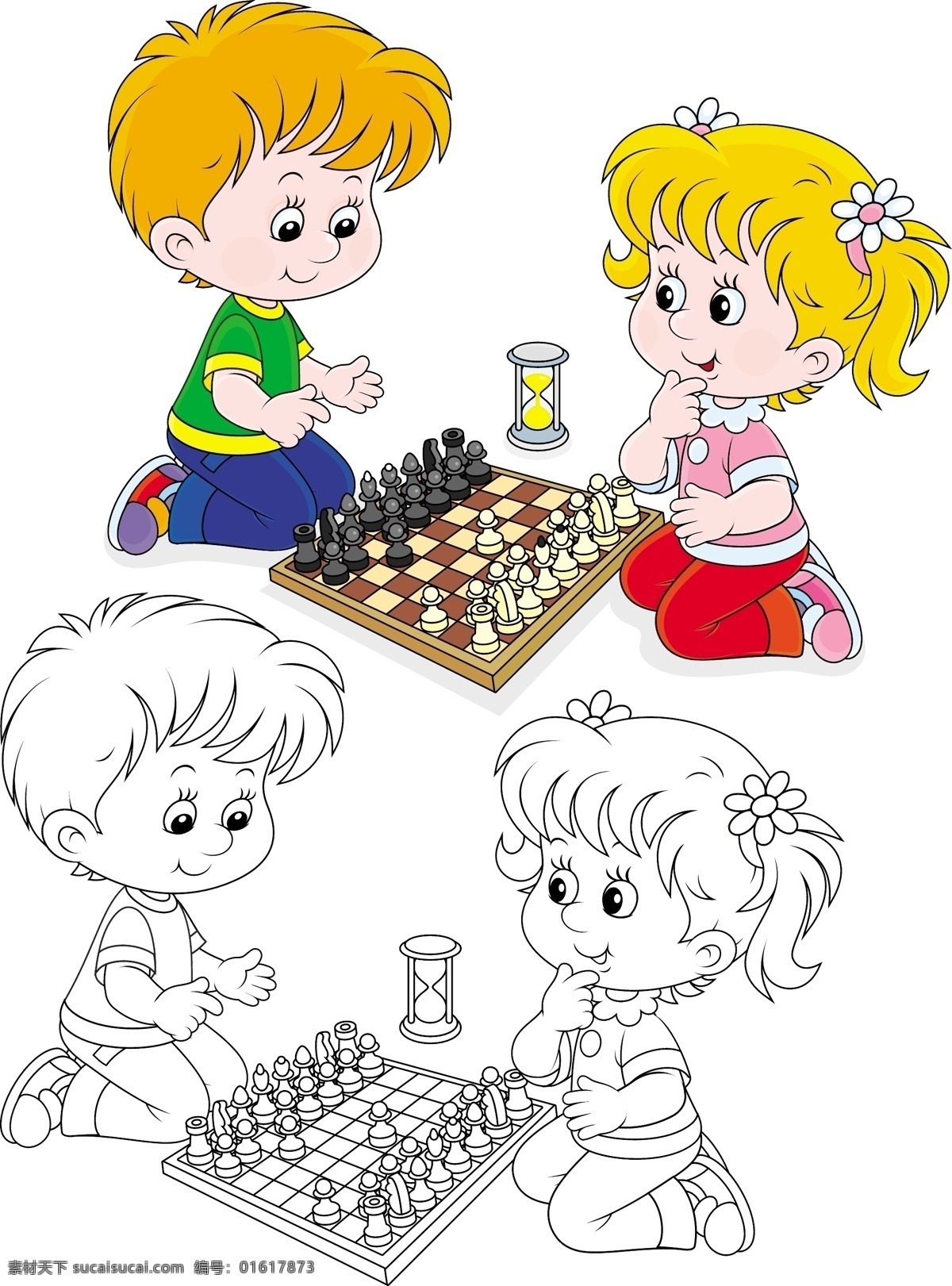 下 国际象棋 男孩 女孩 卡通画 棋类运动 男孩女孩 儿童 人物 沙漏 卡通形象 矢量人物 矢量素材 白色