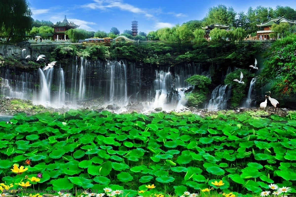 世外桃源 人间仙镜 人间美景 世外桃园 美景 清泉 溪流 水 荷塘 仙鹤 丹顶鹤 莲花 荷花 荷叶 小花 蝴蝶 蓝天 白云 宝塔 绿树 柳树 柳枝 柳条 风景画 山水 风景景观 装饰画 风景画图片 风景模板 景色 花草树木 分层 源文件