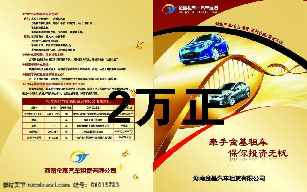彩页 创意 二折页 高档 金色 理财 品位 汽车 汽车租赁彩页 汽车租赁 钱符号 投资 风险对比图 矢量 海报 宣传海报 宣传单 dm