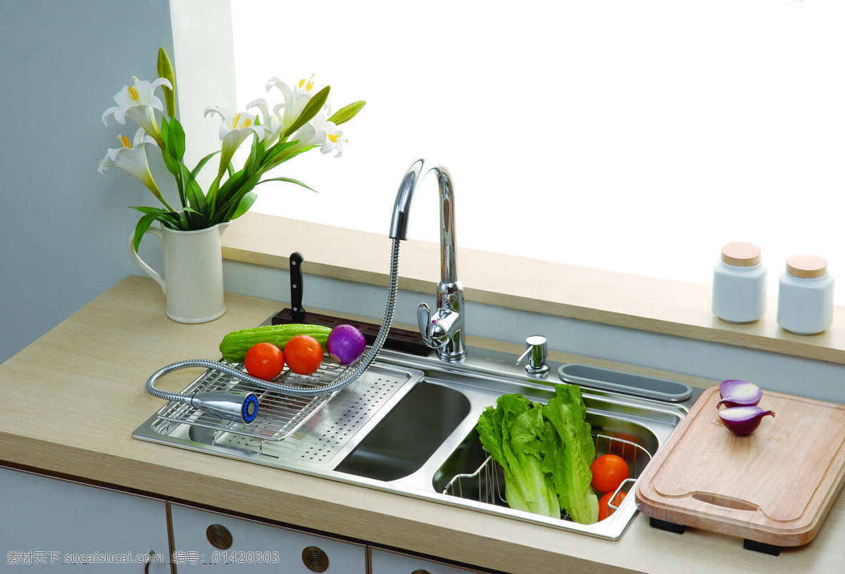 卫浴水槽 水槽 水龙头 蔬菜 白菜 西红柿 花 柜子 面板 设计图库