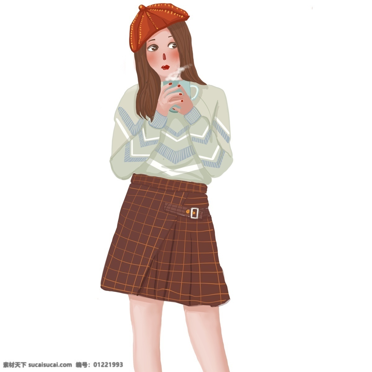 清新 冬日 一杯 咖啡 女孩 唯美 冬季 人物 插画 手绘 少女 茶