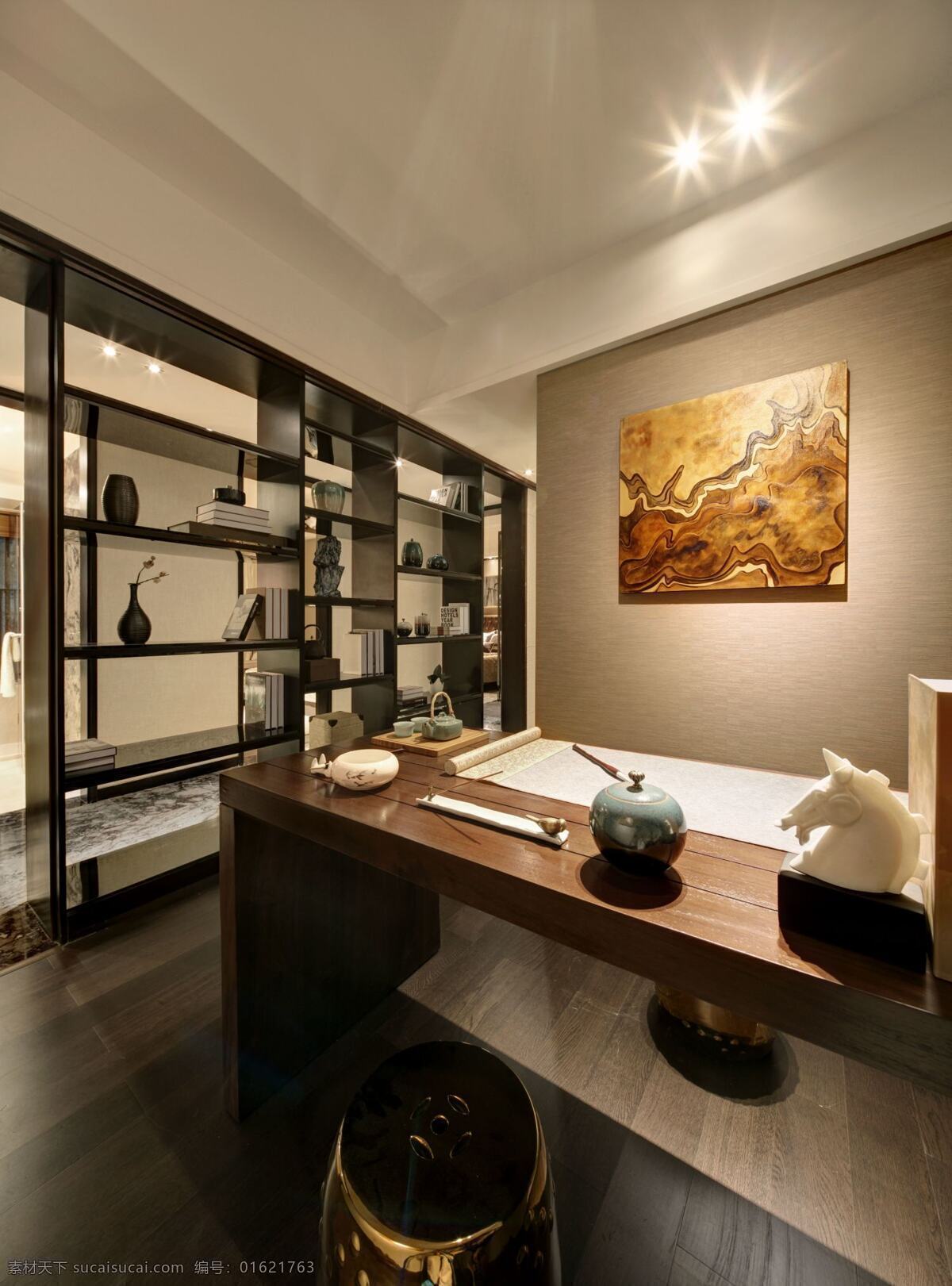 文雅 中式 复古 书房 装修 实景 图 笔墨纸砚 瓷瓶 马头摆件 木地板 射灯 油画挂画