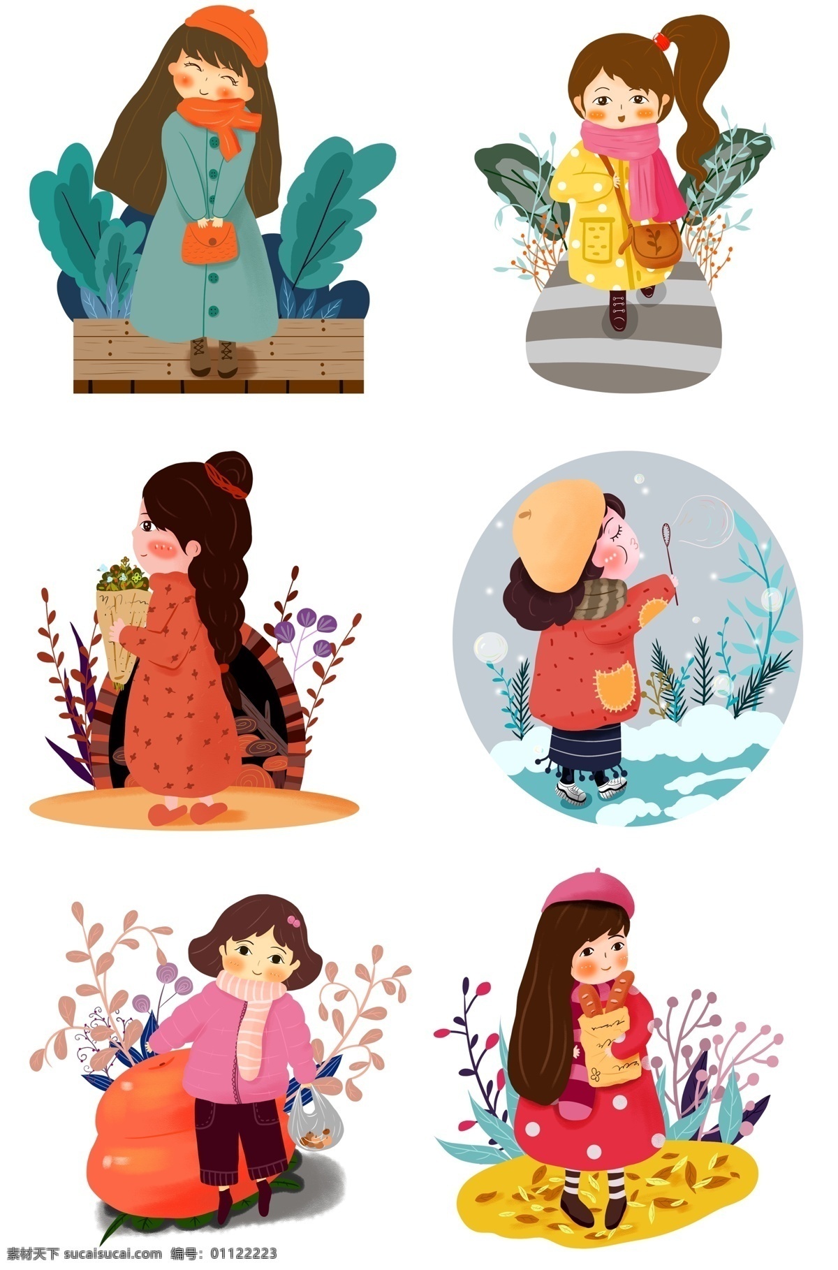 手绘 可爱 小女孩 合集 植物花卉 户外活动插画 手绘女孩 可爱姑娘插画 长头 发 小姑娘 漂亮 女孩 插画