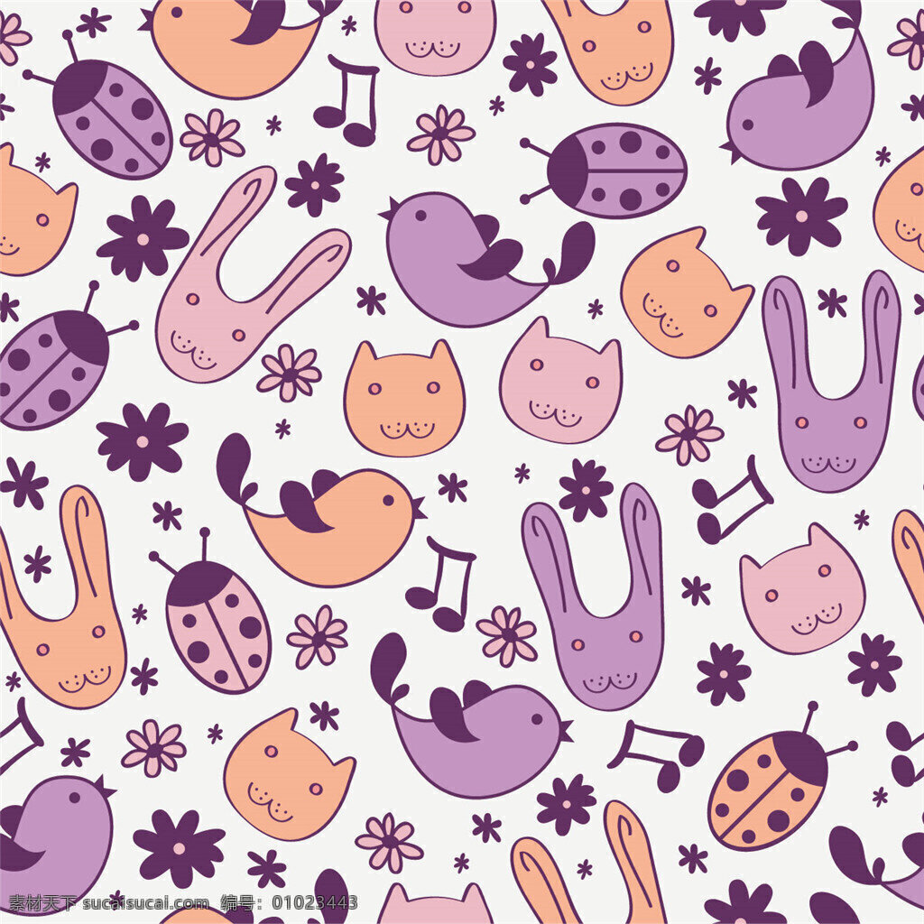 清新 手绘 紫色 调 动物 壁纸 图案 装饰设计 紫色兔子 紫色瓢虫 音符 花朵 鲸鱼 壁纸图案