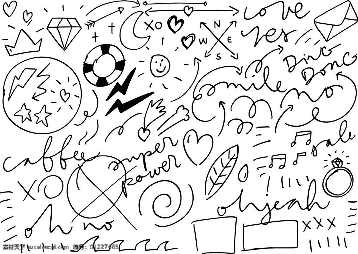 黑白 涂鸦 线条 图案 乱线 手绘 插图 插画 墙画 信封 太阳 笑脸 树叶 皇冠 王冠 月亮 爱心 桃心 指南针 东南西北 音符 羽毛 钻戒 钻石 戒指 箭头 方框 五角星 救生圈 闪电 彗星 底纹边框 条纹线条