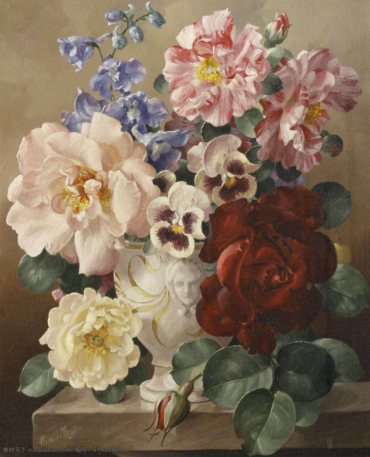 哈罗德 克莱顿 作品 英国画家 静物鲜花 混搭 蜀葵 大红玫瑰 浮雕花瓶 20世纪油画 油画 文化艺术 绘画书法