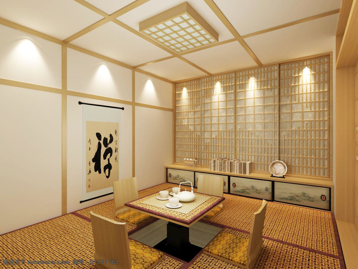 日式榻榻米 榻榻米 木质房间 木质门 木制窗 3d设计 3d作品