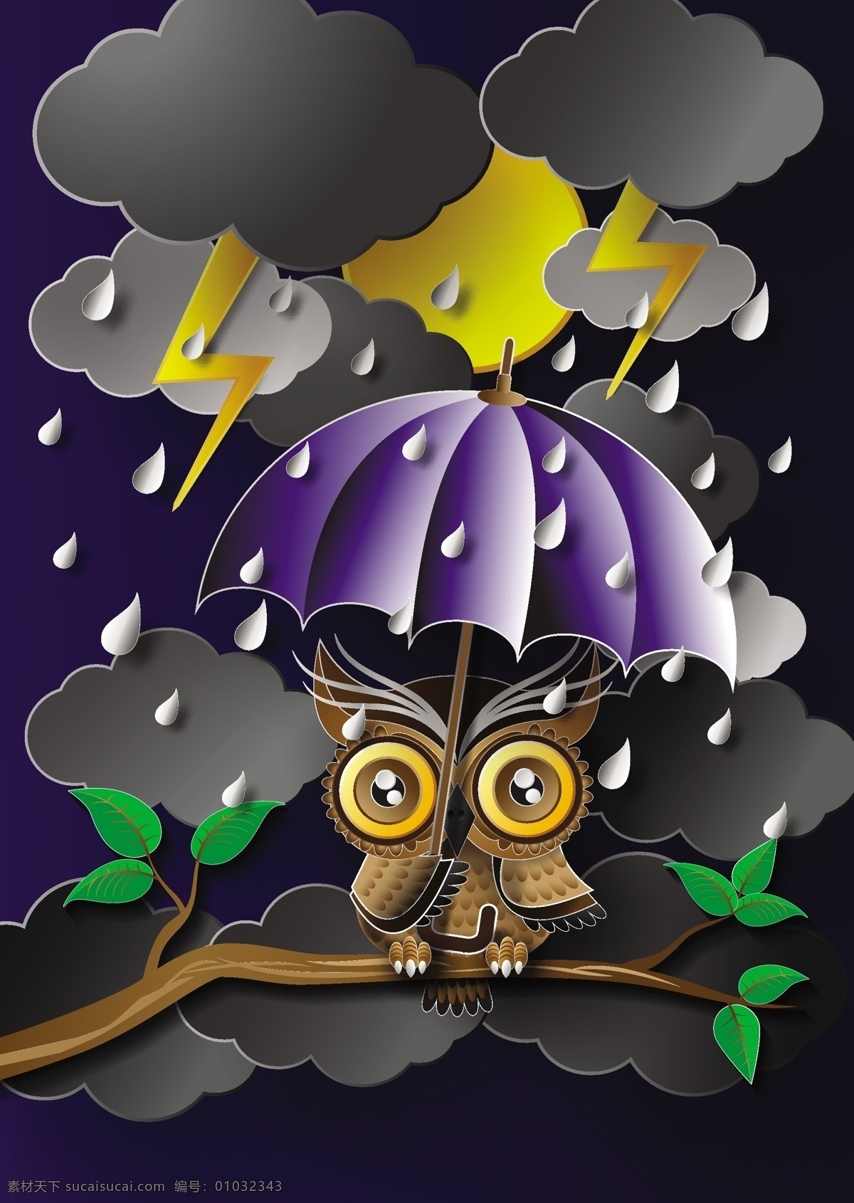 复活系列 复活节 雷雨 猫头鹰 雨伞 树枝 乌云 闪电 文化艺术 节日庆祝 黑色