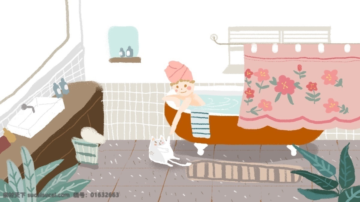 居家生活 撸 猫 日常 小 清新 插画 小清新 叶子 树叶 撸猫 居家 洗澡 生活
