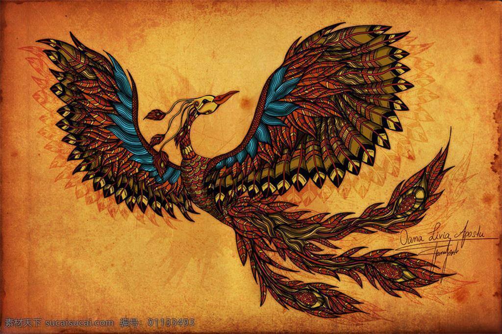 凤凰插画 插画集 插图素材 凤凰 色彩 童话 绚丽 填色 罗马尼亚 oana livia apostu 橙色