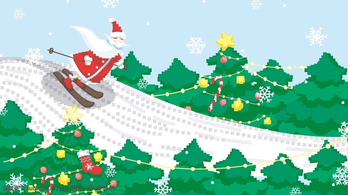 雪 山坡 上 圣诞老人 滑 雪橇 80s 复古 像素 插画 圣诞节 banner 绿色 蓝色 圣诞 老人 滑雪 雪花 飘雪 圣诞树 圣诞帽 手杖 彩灯 s 风格 手机 海报 壁纸 圣诞袜 红色 白色 可爱 清新 星星灯 公众号 配图