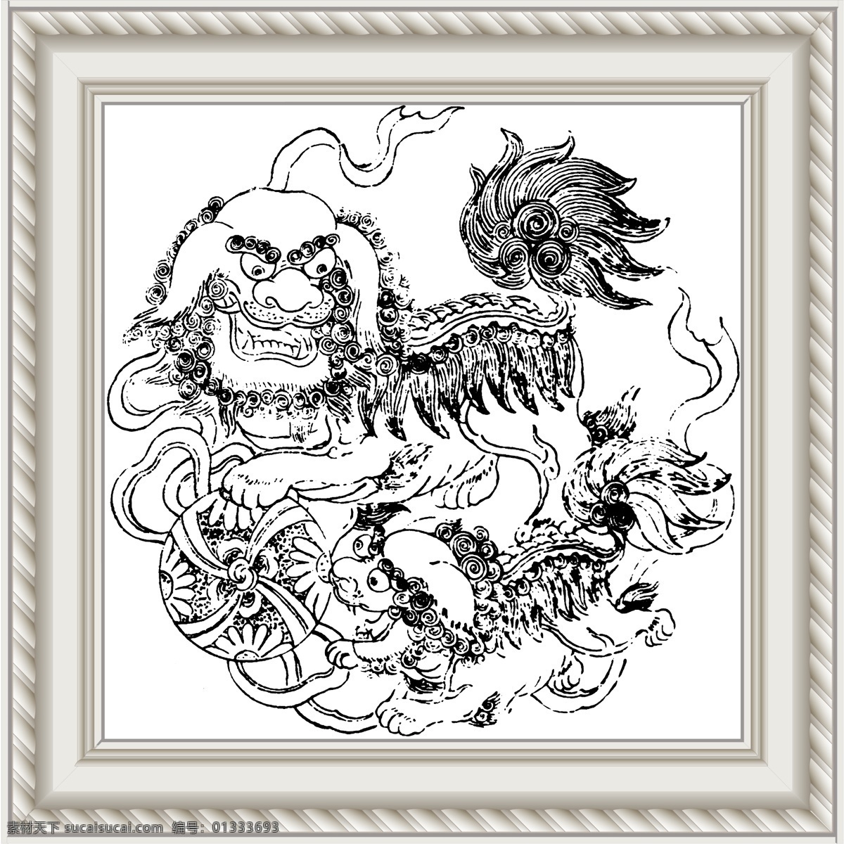 白描 传统图案 刺绣 刺绣图案 工笔 挂画 画框 美术 狮 狮子 白描双狮球 线描双狮球 太少狮 狮子白描 线描 黑白稿 相框 艺术画 装饰素材 室内装饰用图