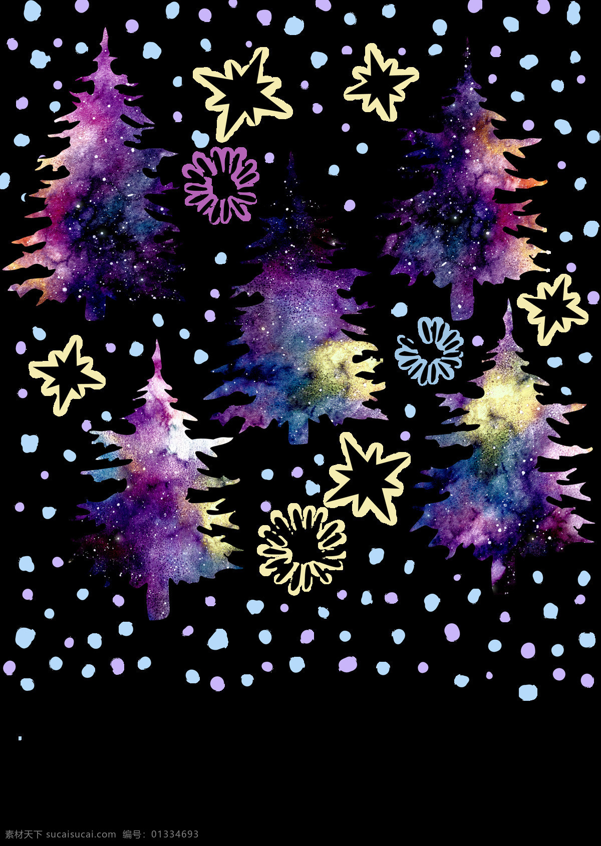 手绘 渲染 圣诞树 背景 透明 黑色 黄色 免扣素材 圣诞节 水彩 透明素材 装饰图案 紫色