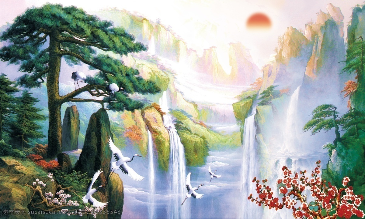 迎客松 psd分层 psd素材 白鹤 壁画 风景 红花 绿水 瀑布 山水画 模板下载 桃花 夕阳 清山 cmky 家居装饰素材 山水风景画