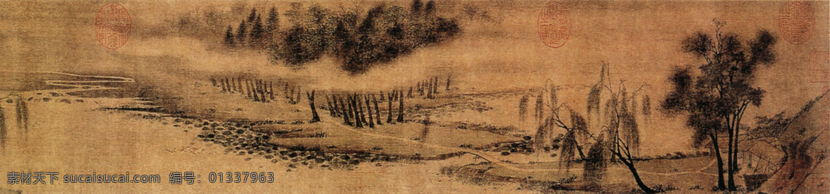 山水 名画 书画 湖 庄 清 夏 图 四 部分 古画 山水画 书画真迹 中国水墨画 湖庄清夏图 文化艺术
