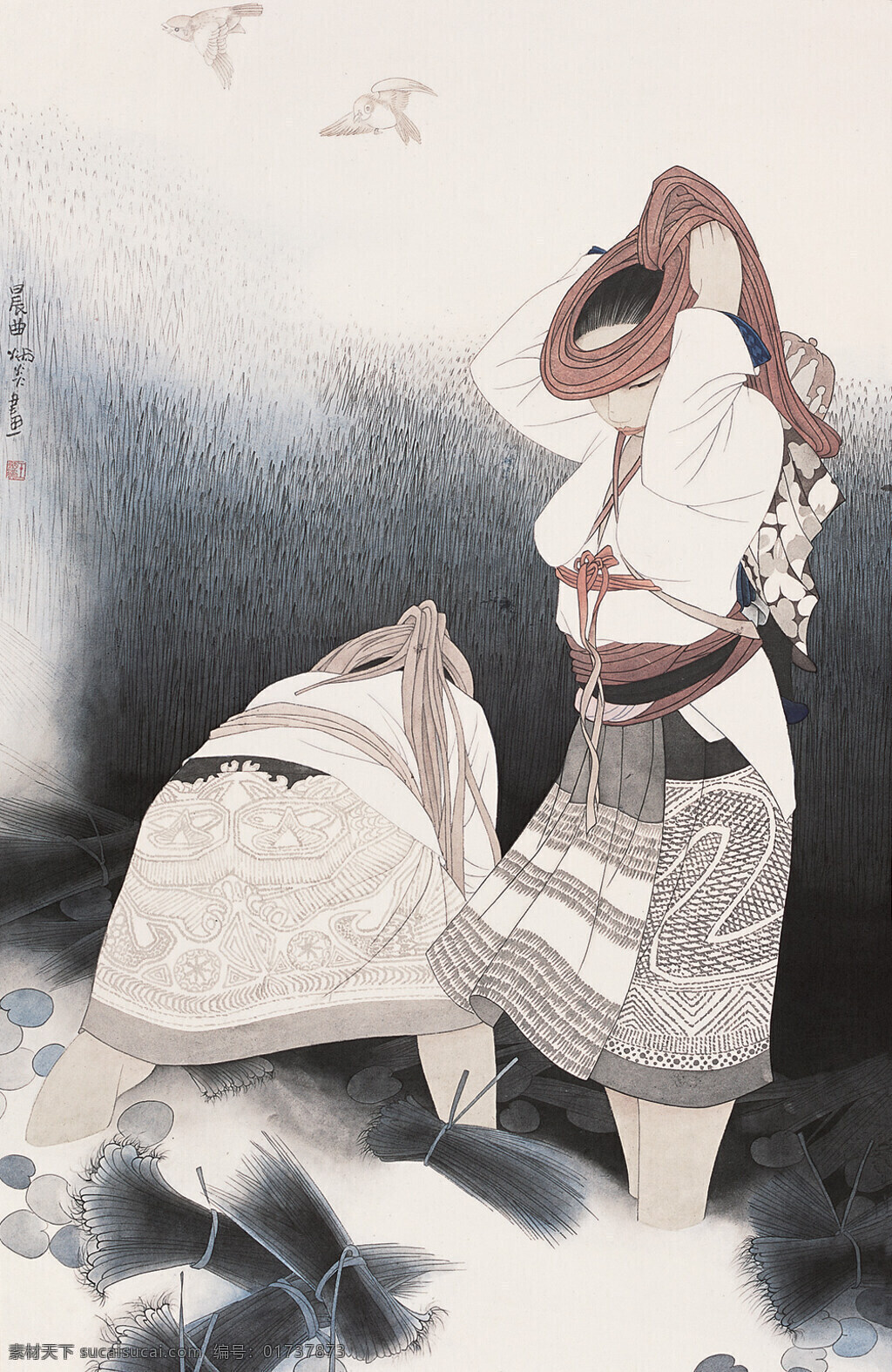 晨曲免费下载 刺绣 飞鸟 工笔人物画 洗漱 中国画 镜心 少数民族 女 青年 清泉 梳妆 王炳炎作品 工艺美术 平面广告 装饰设计 装饰素材 室内装饰用图