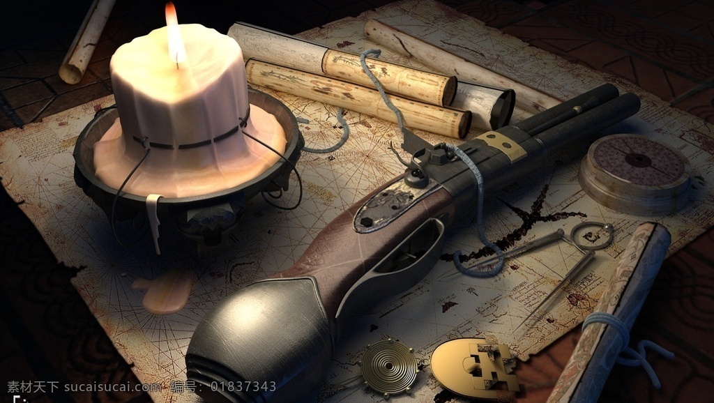 老 船长 桌面 3dsmax 模型 老船长的桌面 海盗图 藏宝图 航海图 火枪 蜡烛 效果图表现 vray 其他模型 3d设计模型 源文件 max