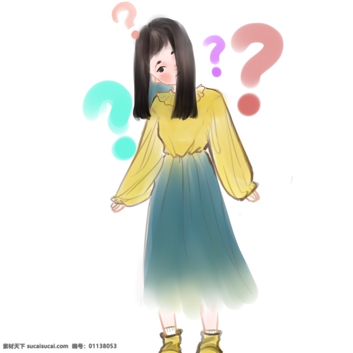 可爱 卡通 儿童 问号 卡通人物 可爱女孩 黑色长发女孩 学生 女孩问号脸 卡通手绘 问号装饰 问号图案 黄色
