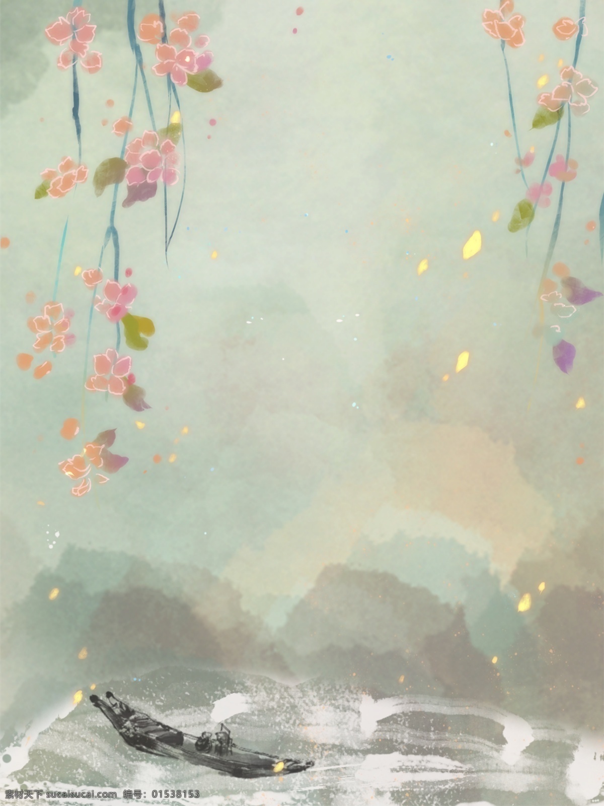 中国 风山 水花 小船 江湖 中国风 山水 花