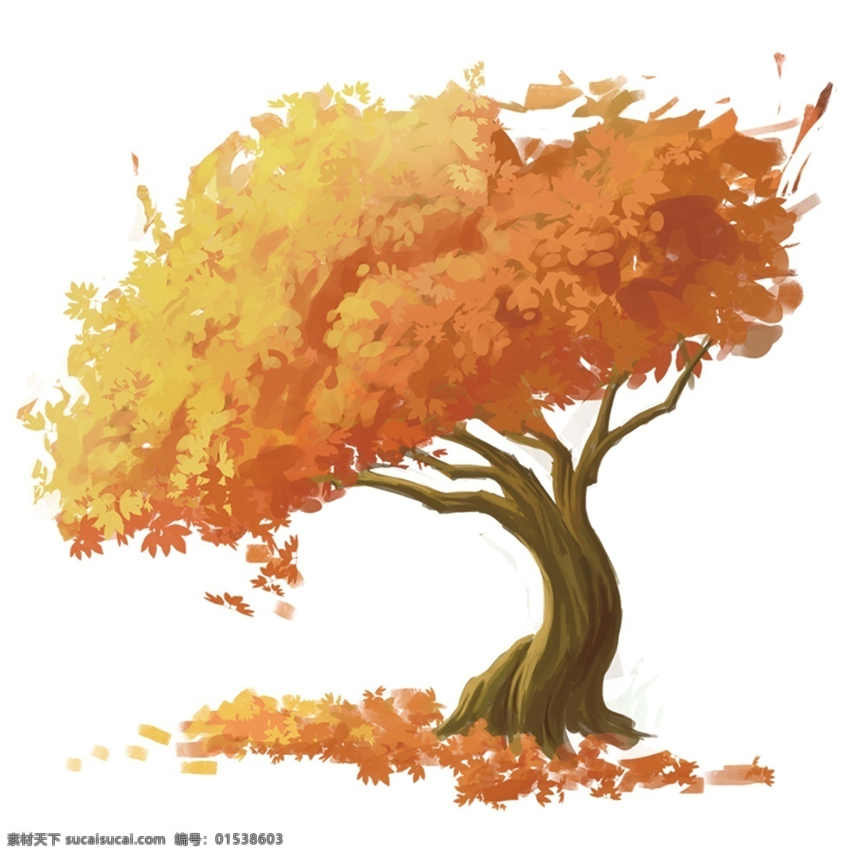 手绘 秋天 大树 落叶 装饰素材