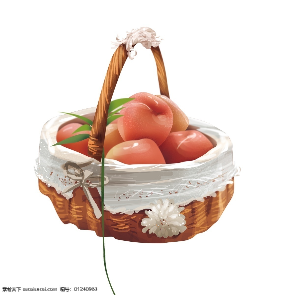 水果 桃子 篮 装饰 元素 装饰元素 水蜜桃 篮子 树叶 美味 香甜 花朵