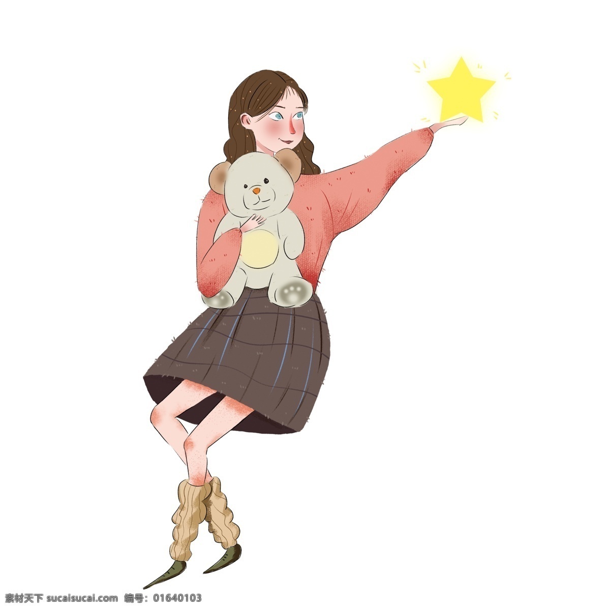 手绘 抱 玩偶 星星 少女 小清新 梦幻 女生 女孩 人物 插画