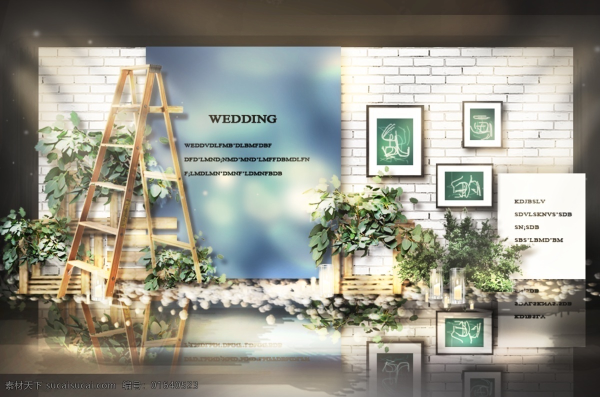 简约 森 系 婚礼 合影 区 效果图 蜡烛 花瓣 木框 绿植 照片墙 简约婚礼 白色婚礼 蓝色婚礼 白绿婚礼 木梯 尤加利 简约森系