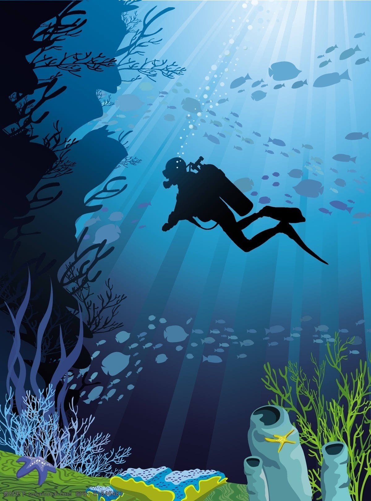海底世界 海洋生物 手绘 鱼 海底 潜水员 鱼类 海底素材 大海 海水 鱼群 海底世界图片 珊瑚 海洋 生物世界