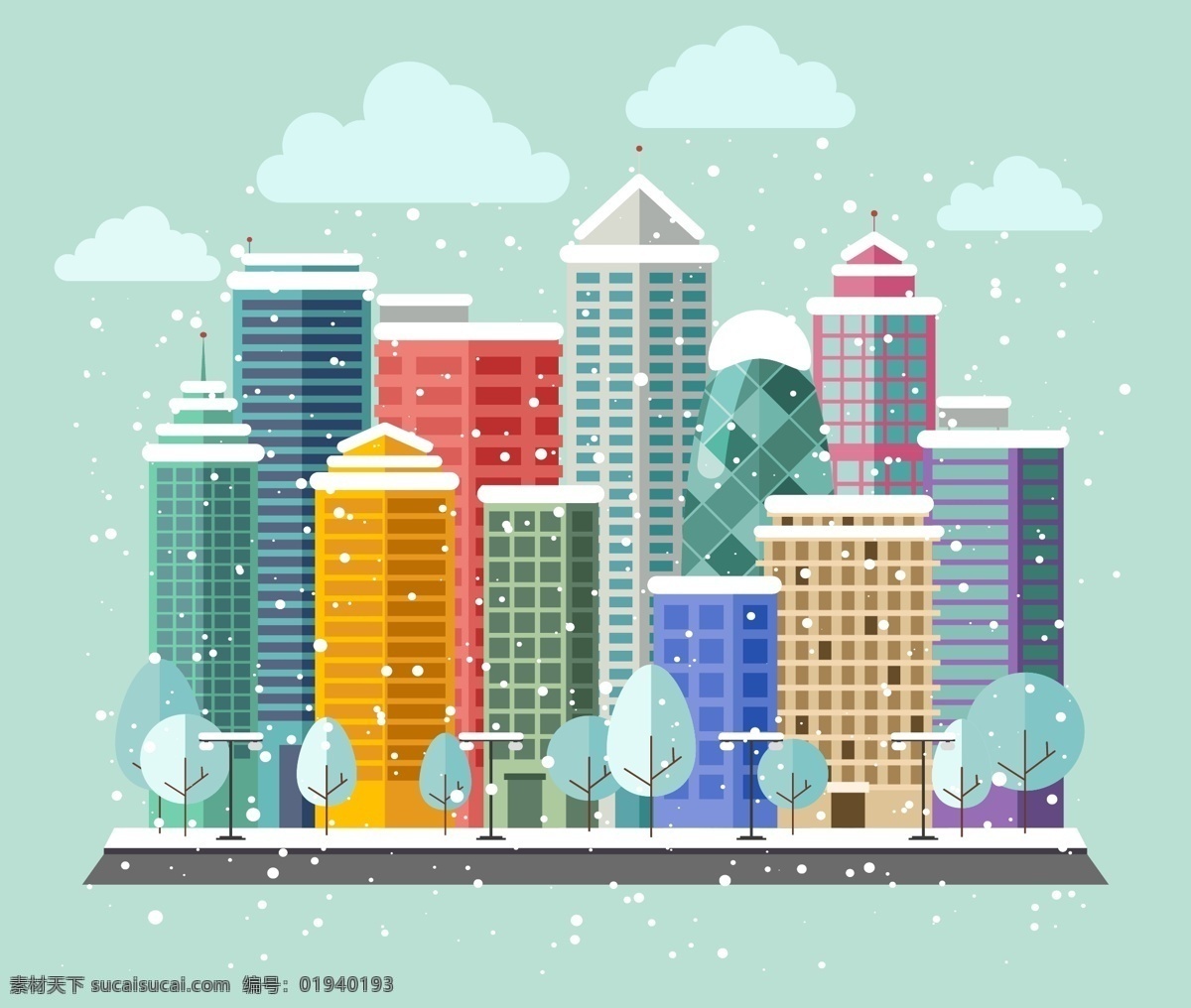 冬天 里 彩色 建筑 高楼 城市 下雪 云朵 插画 风景