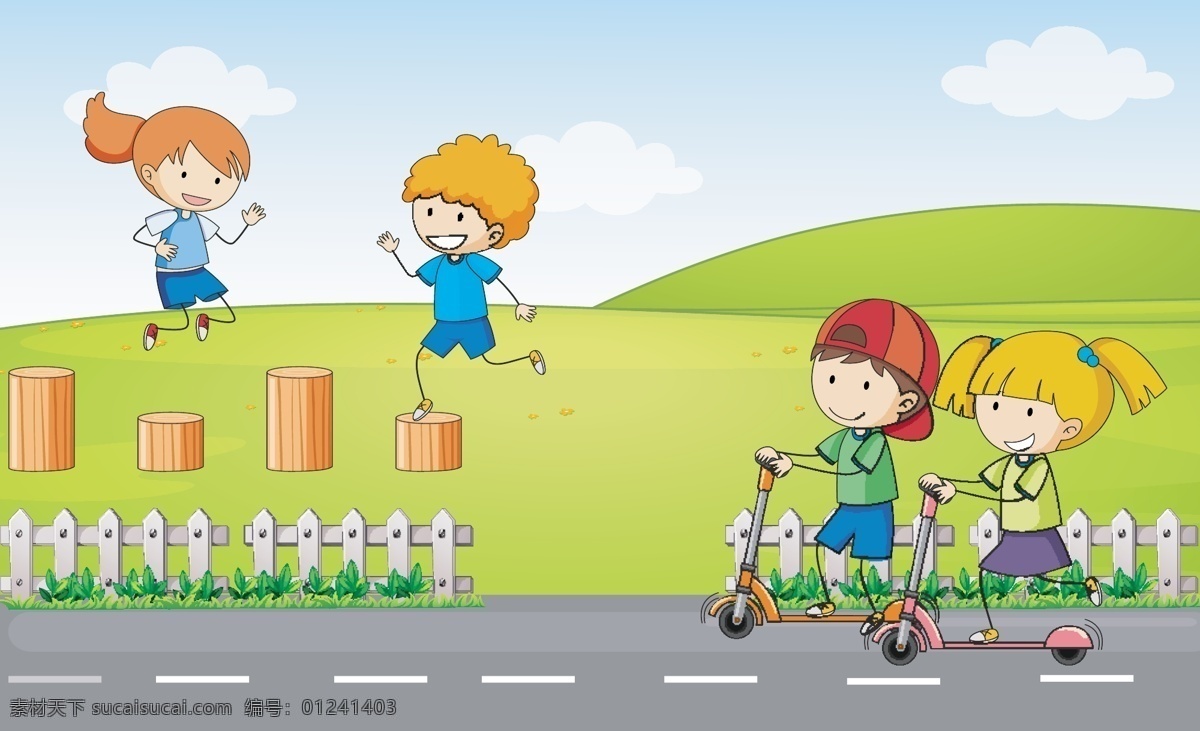 卡通儿童插画 卡通儿童 手绘 户外 绿地 蓝天 小树 男孩 女孩 儿童 学生 开心 快乐 玩乐 幸福 卡通设计