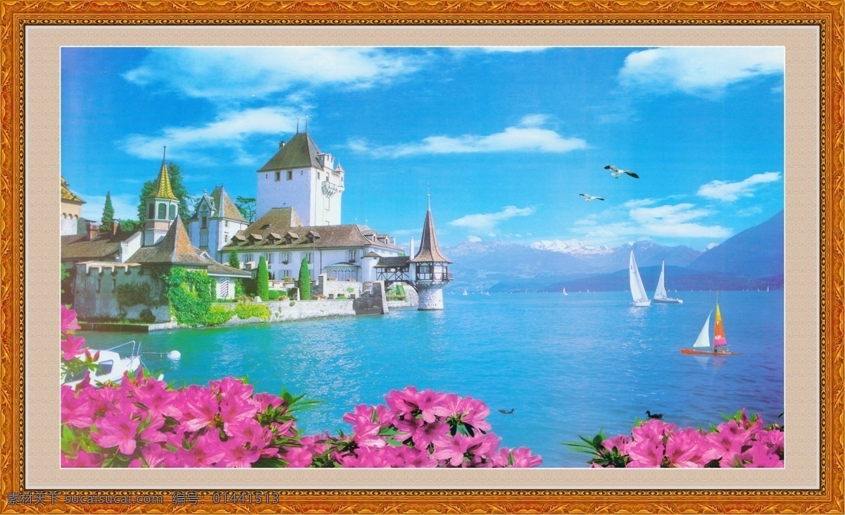 帆船 房屋 广告设计模板 海鸥 红花 画册设计 源文件 壁画风景画框 高精壁画 画边 蓝蓝的大海 其他画册封面