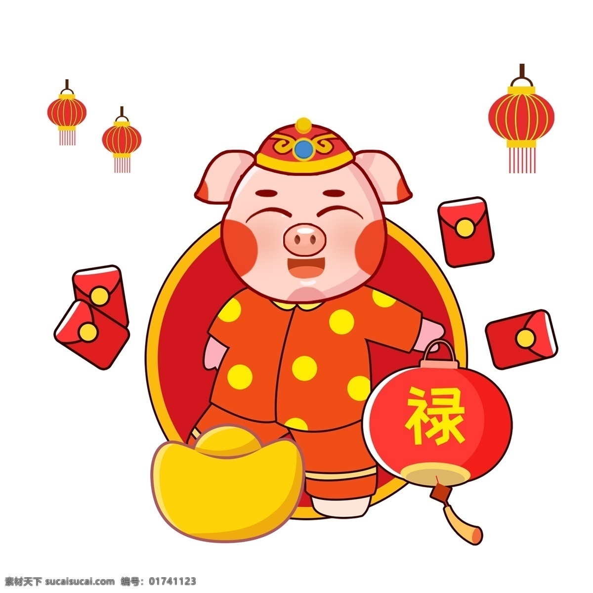 时尚 猪年 插画 可爱 吉祥物 素 2019 新年红色 卡通猪 猪形象 元宝 喜庆 房子 新年 热闹 福袋 红色 过年