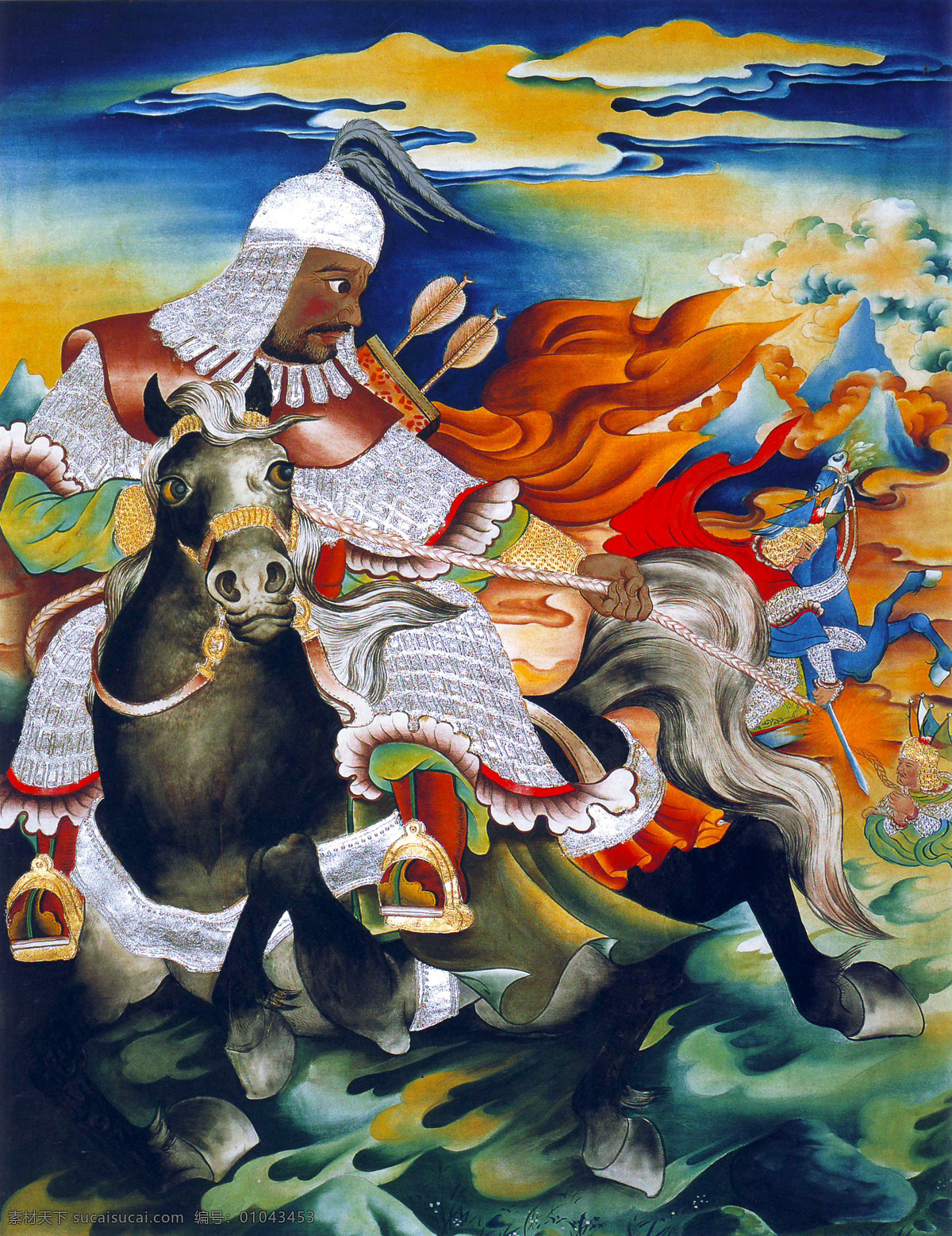 骑 马 天兵天将 神仙 唐卡 彩绘 佛教 宗教 信仰 卷轴画 书画文字 文化艺术