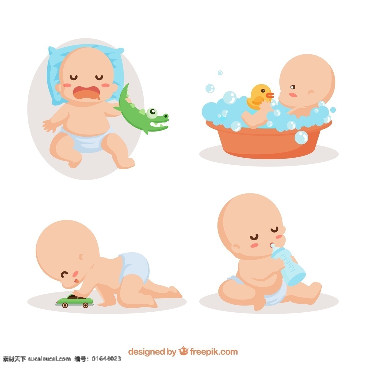 可爱 婴儿 动作 鳄鱼玩偶 洗澡 睡眠 玩耍 奶瓶 矢量 高清图片