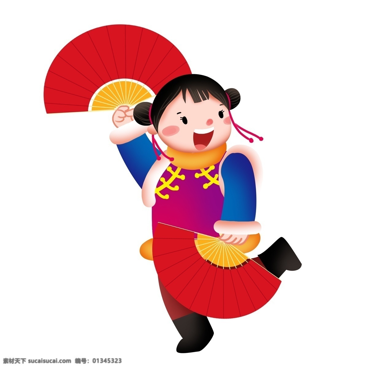 新年 人物 扇子 插画 手绘扇子 卡通扇子 跳舞的小女孩 卡通人物 新年人物插画 红色的扇子 喜庆扇子