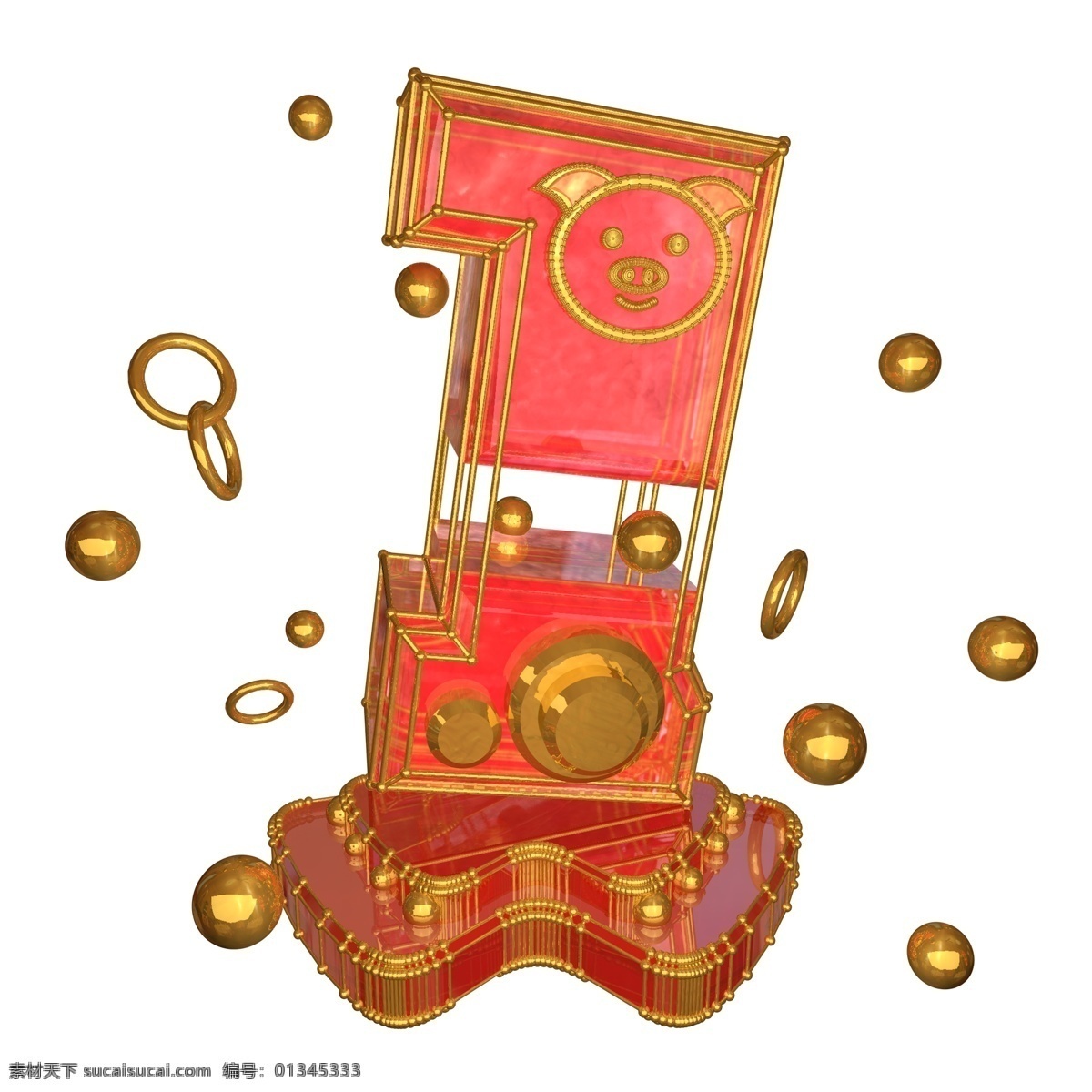 金色 红色 新年 c4d 猪年 倒计时 数字 数字1 可爱小猪 c4d数字1 金色数字1 红色数字1