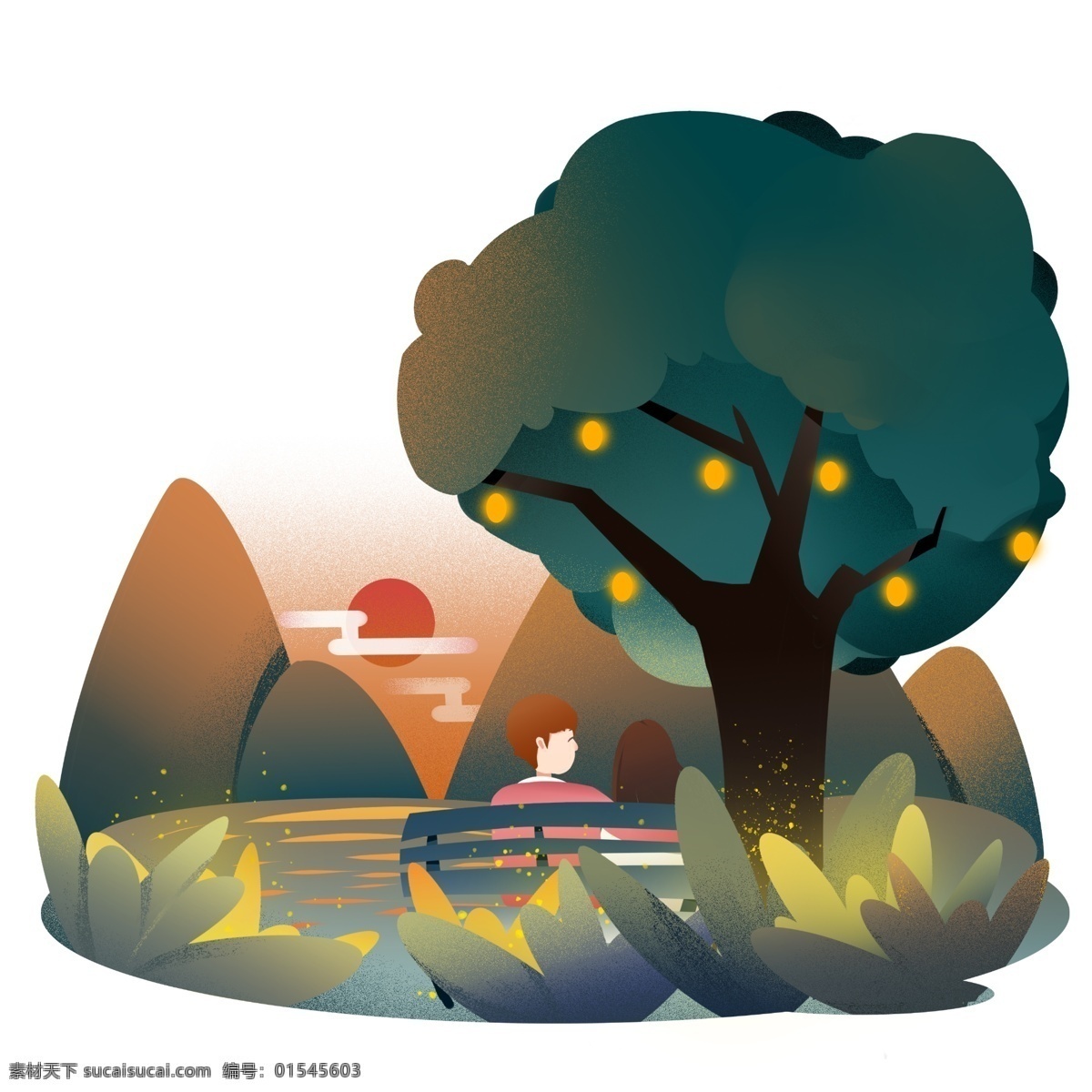 情人节 原创 插画 透明 背景 情侣 清新 分层 绘画 约会 透明背景 夕阳 萤火虫