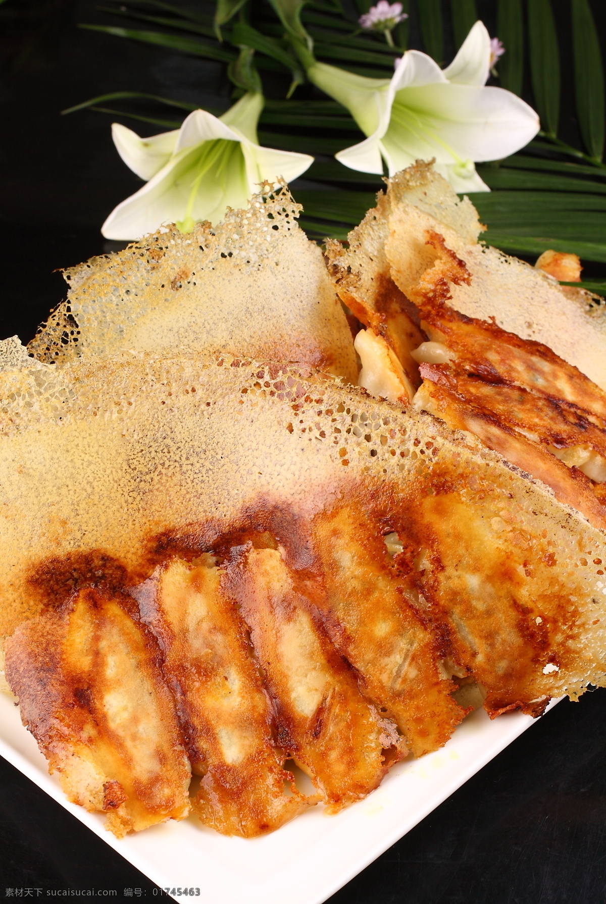 三鲜锅贴 三鲜 锅贴 白盘 近照 黑背景 餐饮美食 传统美食