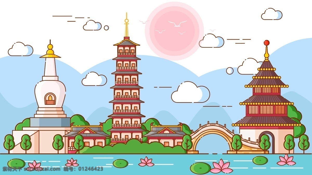 mbe 扬州 旅游风光 建筑 矢量 插画 古风 桥 寺庙 荷花 风光建筑 旅游 塔