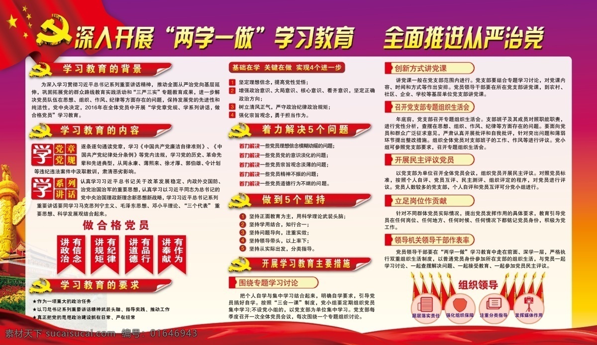两学一做 学党章党规 学系列讲话 做合格党员 做到五个坚持 着力解决问题 推进从严治党 展板