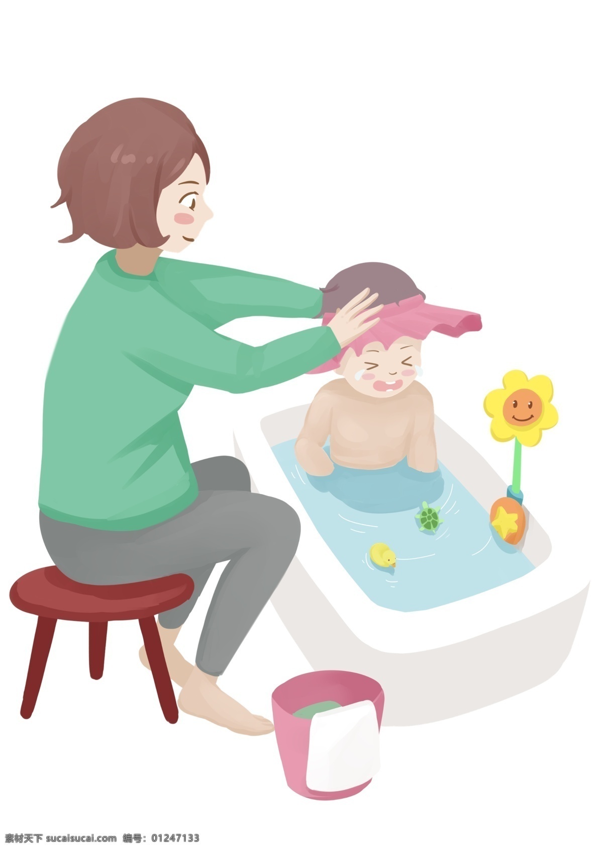 手绘 婴儿 洗澡 母亲 插画 慈祥的母亲 哭泣的孩子 干净的孩子 黄色的花朵 干净的洗澡水 母婴插画