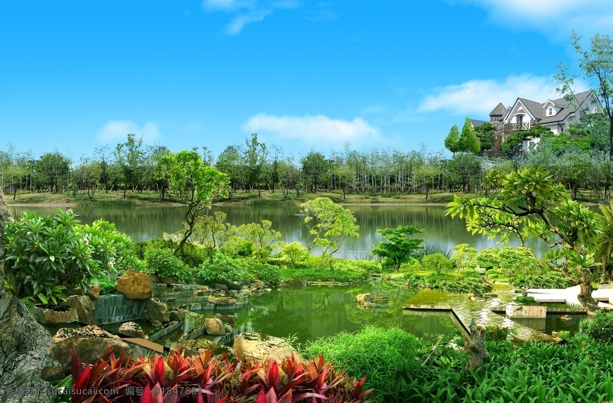 郊外风景 风景图片 摄影图片 画 风景画 迷人风景 山清水秀 湖 树 植物 房子 别墅 天空 风景 分层 源文件
