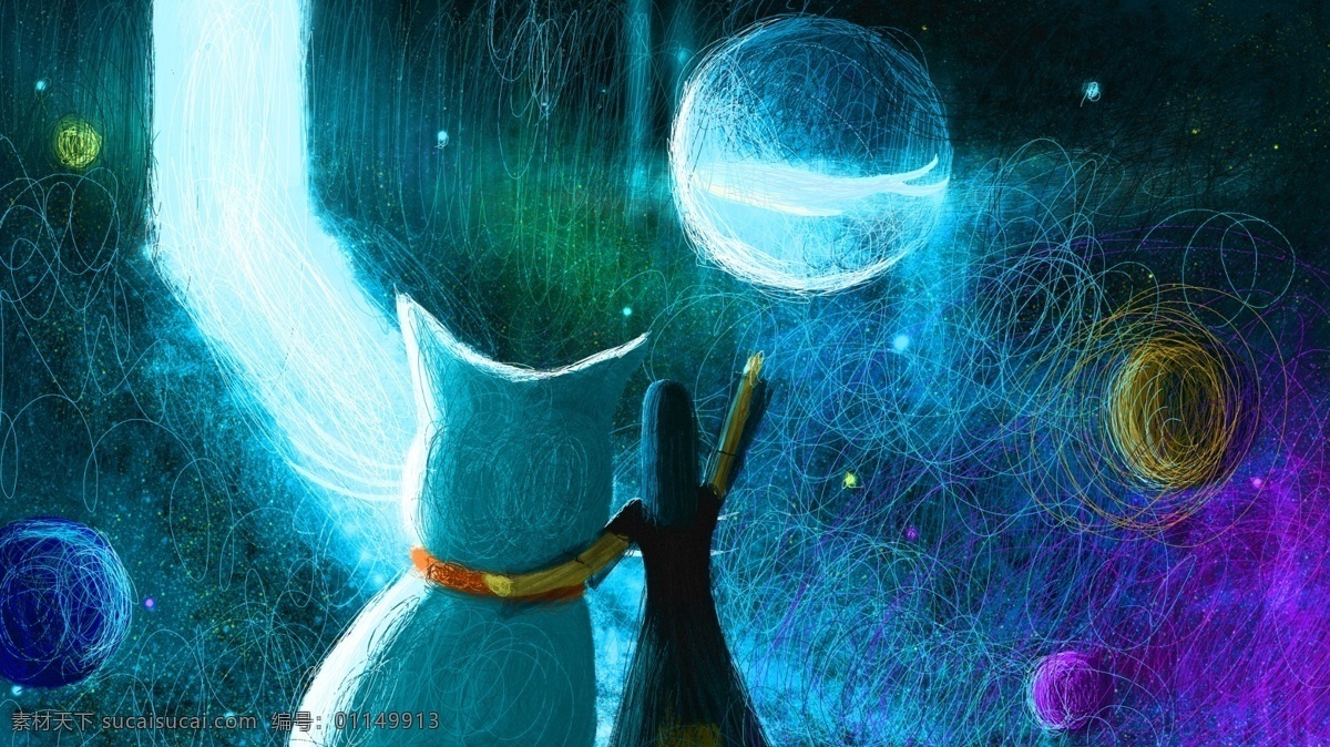 线圈 治愈 系 原创 插画 星空 猫 女孩 鲸鱼 配图
