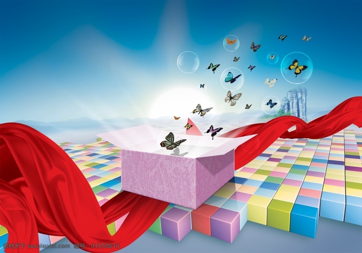 蝴蝶翩翩飞舞 蝴蝶 纸箱 漂带 方形块 广告设计模板 源文件库