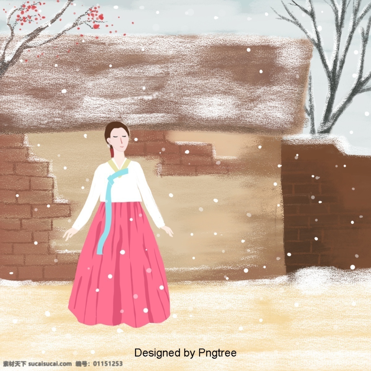 韩国 女孩 享受 冬天 雪景 背景 树 李子 断 墙 韩服 服饰 房子 草堂