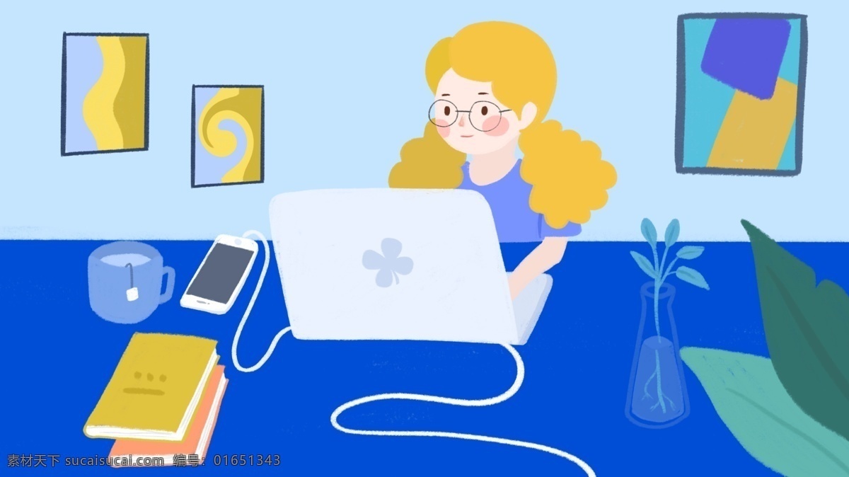 工作 中 女生 卡通 可爱 商务 插画 女孩 卡通可爱 书本 电脑 中作中 工作环境 办公场景